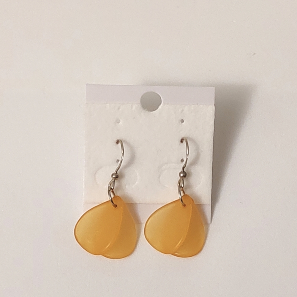 Handmade Earrings Orange Yellow Amber Frosted Glass Leaf Dangle Teardrop Fall